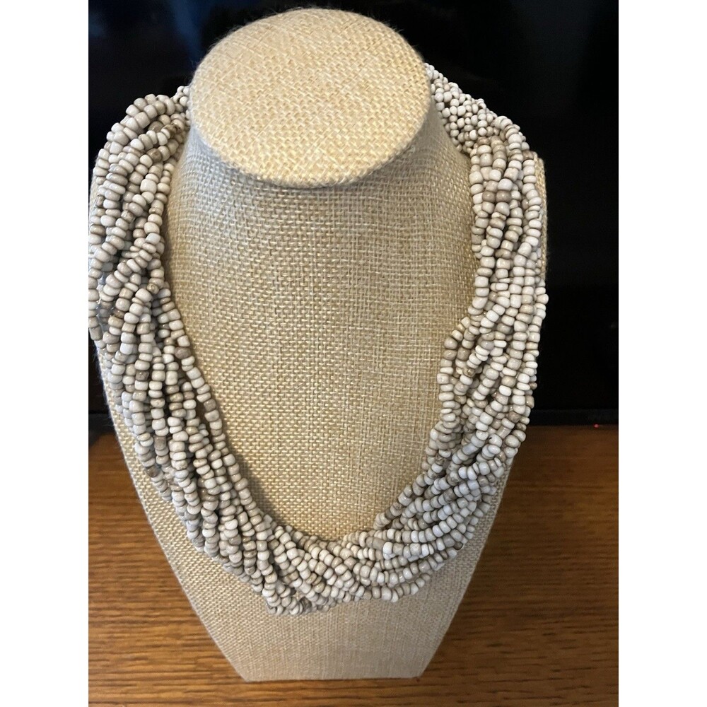 Beaded Necklace white/gray multistrand 20" Statement Seed Beads
